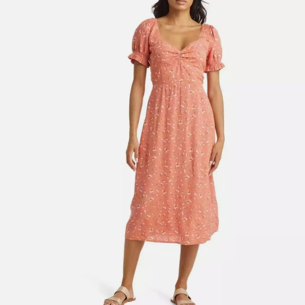 New!Billabong Fell For You Floral Midi Dress In Terra Cotta Cottagecore Y2K